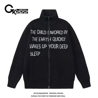 Áo len dệt kim nam GKSSS, áo len cardigan cổ đứng in chữ cổ điển kiểu Mỹ