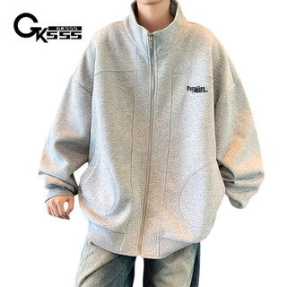 Gksss Áo khoác nam màu trơn đơn giản cổ đứng dây kéo phong cách trung tính