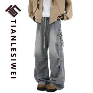 Tianlesiwei Thu Đông Nam Nữ Thẳng Xếp Ly Rời Quần Jean Thường Ngày Mỹ retro Túi Lớn Quần Jean Dây Rút
