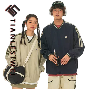 Tianlesiwei Mùa thu nam nữ phong cách thể thao ba thanh áo nỉ kiểu Mỹ retro ruy băng raglan tay áo cổ chữ V