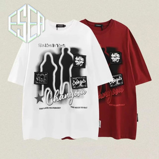 Esea Áo nam rãnh mùa hè mới của Mỹ High Street chắp vá thêu dáng rộng nam hip-hop cổ tròn cotton nguyên chất tay ngắn đa năng