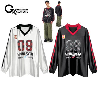 Áo nỉ nam Gksss kiểu Mỹ cổ điển dáng rộng in chữ cổ chữ V phong cách trung lập áo thể thao
