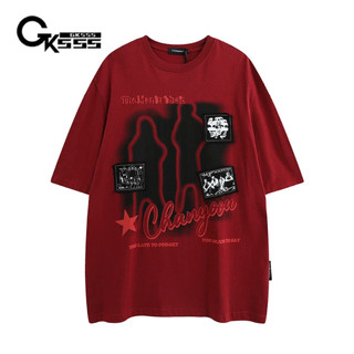 GKSSS Áo thun nam Mùa hè chắp vá thêu dáng rộng nam hip hop cổ tròn cotton nguyên chất tay ngắn đa năng