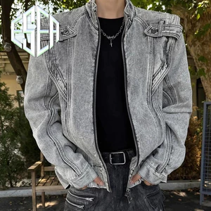 Áo khoác denim nam ESEA Áo khoác denim dáng rộng phong cách đường phố giản dị kiểu dáng chắp vá áo khoác xe máy chất lượng cao