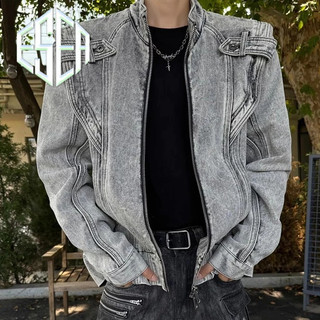 Áo khoác denim nam ESEA Áo khoác denim dáng rộng phong cách đường phố giản dị kiểu dáng chắp vá áo khoác xe máy chất lượng cao