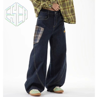 Quần jean nam ESEA American retro dáng rộng thiết kế chắp vá giản dị chất lượng cao quần chở hàng phong cách trung tính