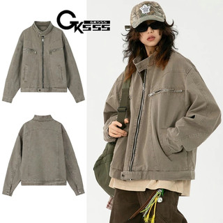 Áo khoác nam Gksss xu hướng retro Mỹ màu xám giặt ngắn áo khoác denim nam