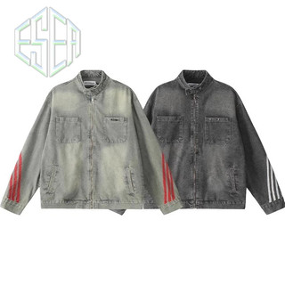 Áo khoác denim nam ESEA, thương hiệu thời trang sọc ngang dáng rộng cổ điển kiểu Mỹ, áo khoác phong cách trung tính