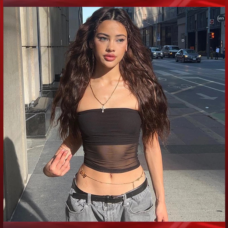 Lưới skinny đen crop top mùa hè gợi cảm không tay lệch vai paneled bandeau top