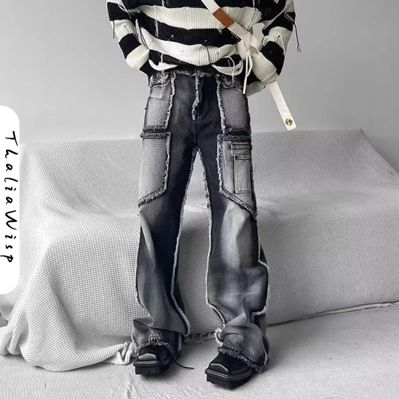 ThaliaWisp Quần Jean Nam Xuân Thu Mỹ Đường Phố Cao Cấp Phong Cách Vibe Niche Thiết Kế Rời Thường Ngày Quần Jean Thẳng
