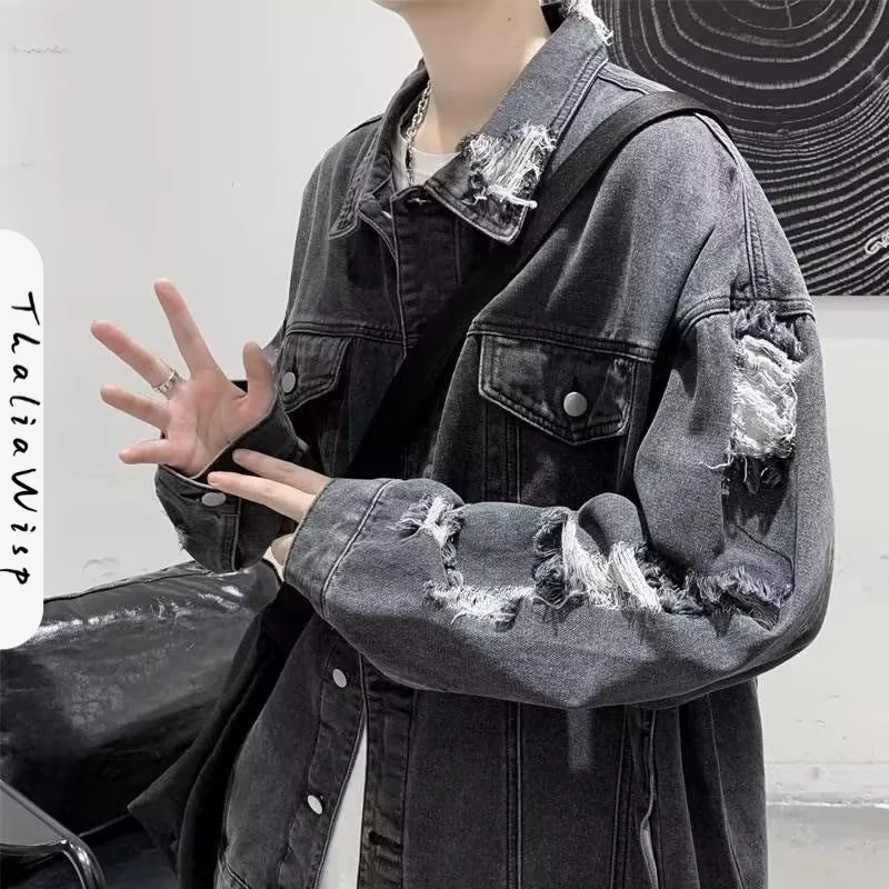 ThaliaWisp Áo Khoác Nam Thu Đông Mỹ Retro Cao Cấp Đường Phố Phá Hủy Phong Cách Niche Lỗ Thiết Kế Rời Áo Khoác Denim Thường Ngày
