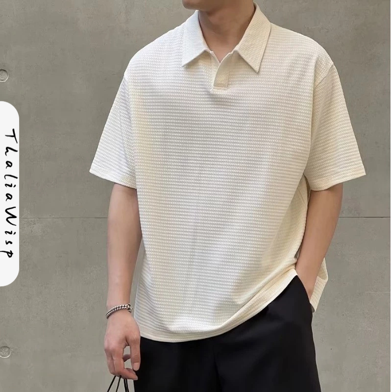 ThaliaWisp Áo polo nam mùa hè phong cách Hàn Quốc thời trang đơn giản bánh quế gió băng lụa dáng rộng cổ đứng áo thun ngắn tay