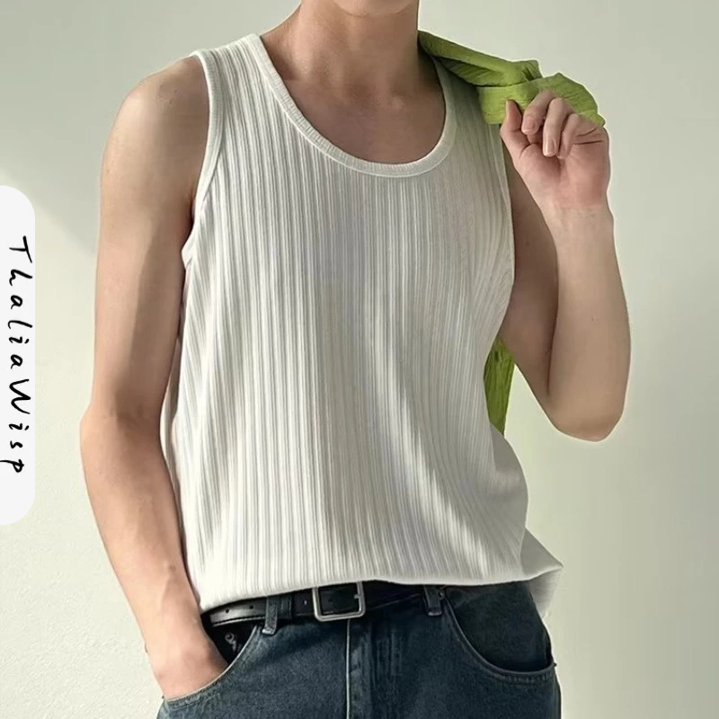 ThaliaWisp Áo vest nam phiên bản Hàn Quốc của áo thun cotton không tay cơ bản mùa hè đơn giản màu trơn sọc hố dày phù hợp hàng đầu dệt kim