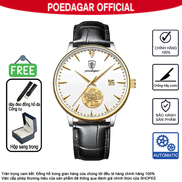 Đồng hồ nam Đồng hồ nam Đồng hồ cơ POEDAGAR 151 Dây da Đồng hồ đeo tay Sapphire Crystal Glass Hoàn toàn tự động Đồng hồ cơ phong cách kinh doanh Đơn giản Đồng hồ giàu có Quà tặng Đồng hồ nam sang trọn