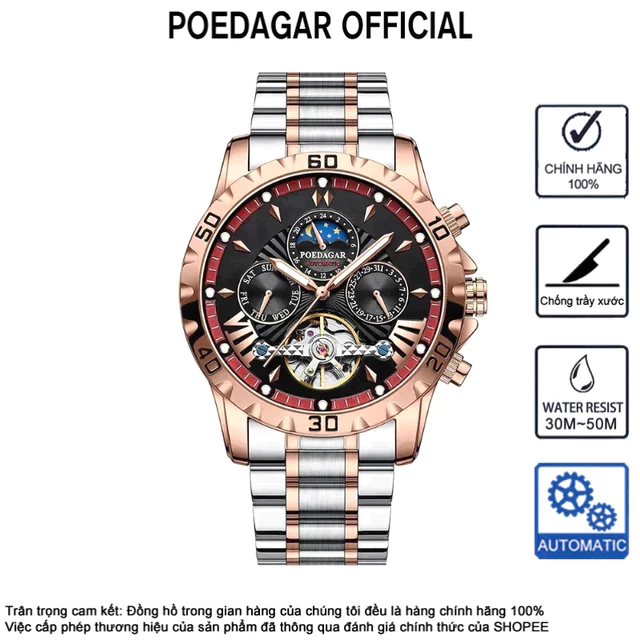 Đồng hồ cơ hoàn toàn tự động Đồng hồ nam sang trọng POEDAGAR 1410G Đồng hồ chính hãng Dây đeo bằng thép không gỉ dành cho nam Đồng hồ cơ kim loại Đồng hồ đa chức năng Lịch Chronograph Chống nước Dạ qu