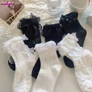 🍭Candy🍭Tất vớ cao cổ nữ phối ren đính nơ cotton co giãn thoáng khí phong cách nữ sinh lolita y2k Nhật Bản