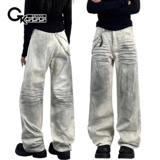 Quần jean nam Gksss Thời trang Mỹ retro dáng rộng giản dị màu trắng bẩn thiết kế quần jean phong cách trung tính