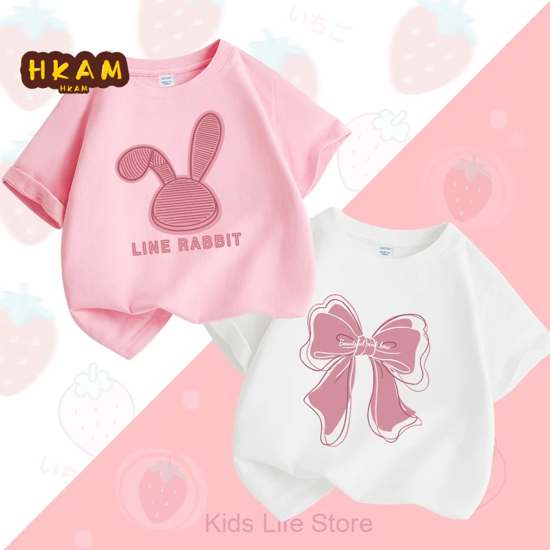 HKAM Áo thun bé gái 100%Cotton  nguyên chât áo phông bé gái ngắn tay thời trang thông thường Mềm Thoải