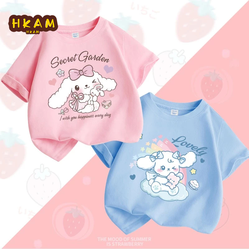 HKAM Áo thun bé gái Cotton thời trang giản dị Áo thun ngắn tay mùa hè Áo thun in hình thỏ dễ thương