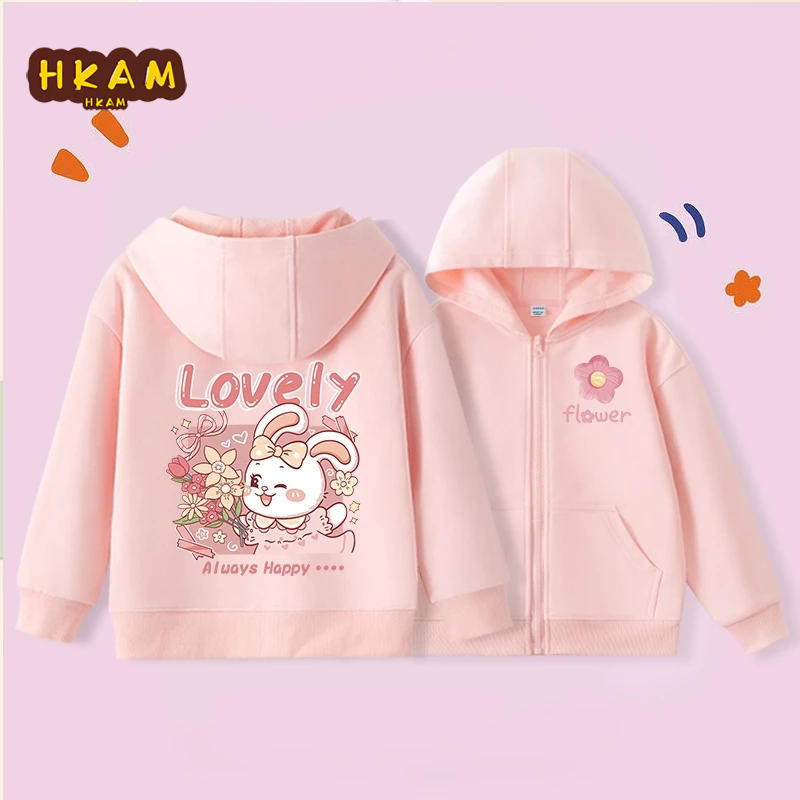 HKAM Áo Hoodie bé gái Áo có dây kéo trẻ em Áo Khoác Hoodie đơn giản thời trang có túi in hình thỏ