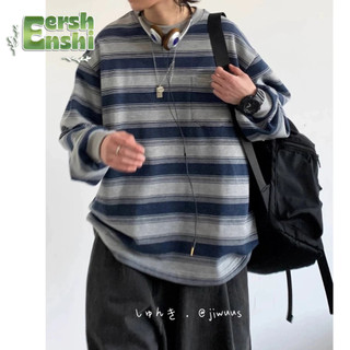 Áo nỉ nam EERSHENSHI cổ tròn sọc dáng rộng cổ tròn dài tay cotton nguyên chất