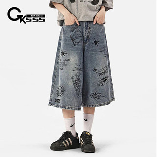 Gksss Nam Phố retro graffiti Nhật Bản Quần short denim dáng rộng giản dị thẳng ống rộng quần crop