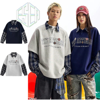 Áo nỉ nam ESEA kiểu Mỹ cổ điển dáng rộng phong cách hip-hop cổ gấp áo nỉ hai mảnh giả