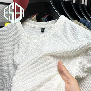 Áo thun nam ESEA tay ngắn thời trang Nhật Bản màu trơn tre jacquard băng lụa ngắn tay