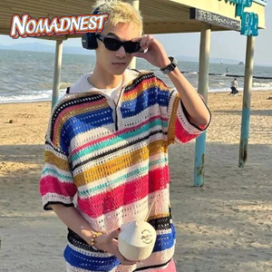 NOMADNEST Mùa hè mới tuyệt vời Retro Áo sơ mi dệt kim sọc rỗng đầy màu sắc