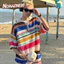 NOMADNEST Mùa hè mới tuyệt vời Retro Áo sơ mi dệt kim sọc rỗng đầy màu sắc