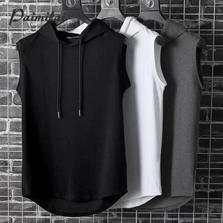 Áo vest có mũ trùm đầu đường phố phong cách Hồng Kông dành cho nam Áo thun không tay có mũ trùm đầu mùa hè hợp thời trang
