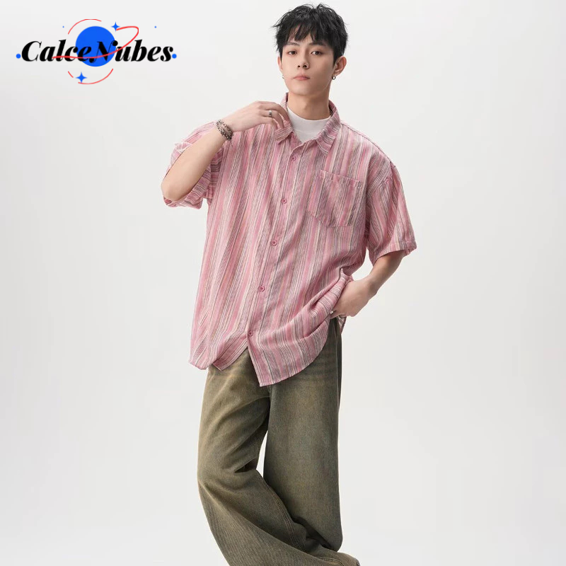 CN Áo sơ mi nam sọc màu hồng đơn giản và thời trang mới của , áo cardigan tay ngắn