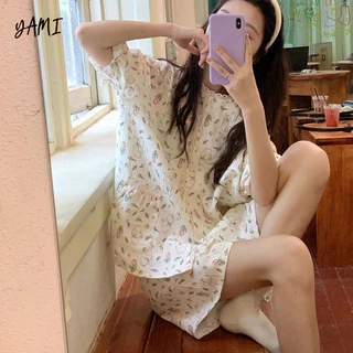 YAMI Bộ Đồ Ngủ Tay áo ngắn In Hình Hoạt Hình Ngọt Ngào Thời Trang