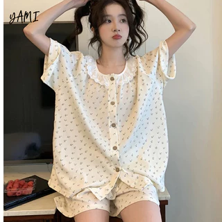 YAMI Bộ Đồ Ngủ Tay áo ngắn In Hình Hoạt Hình Ngọt Ngào Thời Trang