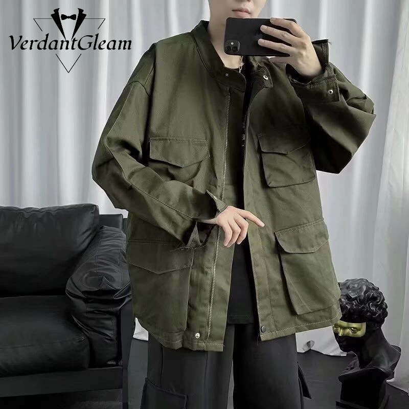 VG Nam Áo Khoác Màu Trơn Bảo Hộ Lao Động Nhiều Túi Phi Công Áo Khoác Nhật Bản Retro Rời Thiết Kế Hàng Đầu