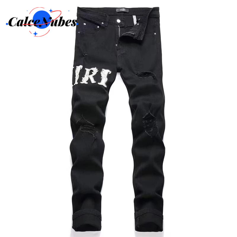 Cao Đường Phố Thời Trang Thương Hiệu Mới Thêu Quần Jean Nam Đen Rách Miếng Dán Co Giãn Slim Fit