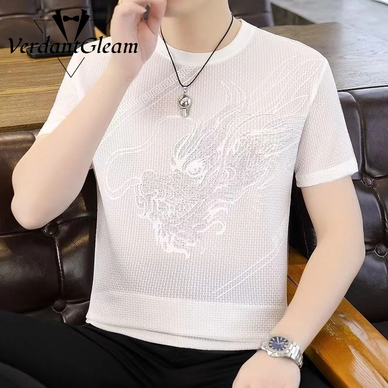 Áo thun nam tay ngắn Ice Silk cổ tròn thoáng khí thông thường