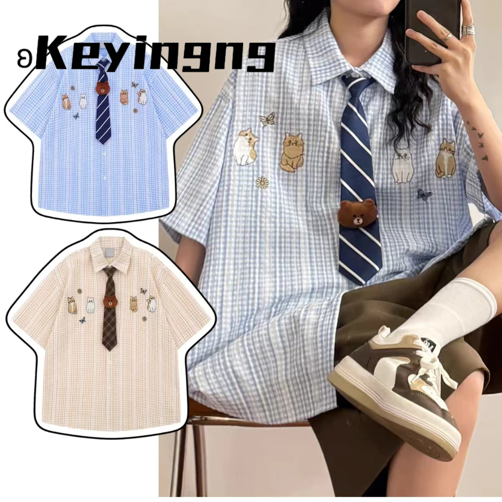 keyingng Áo Thun Kẻ Sọc Dọc Thêu Mèo Phong Cách Đại Học Nhật Bản tay ngắn cho nam