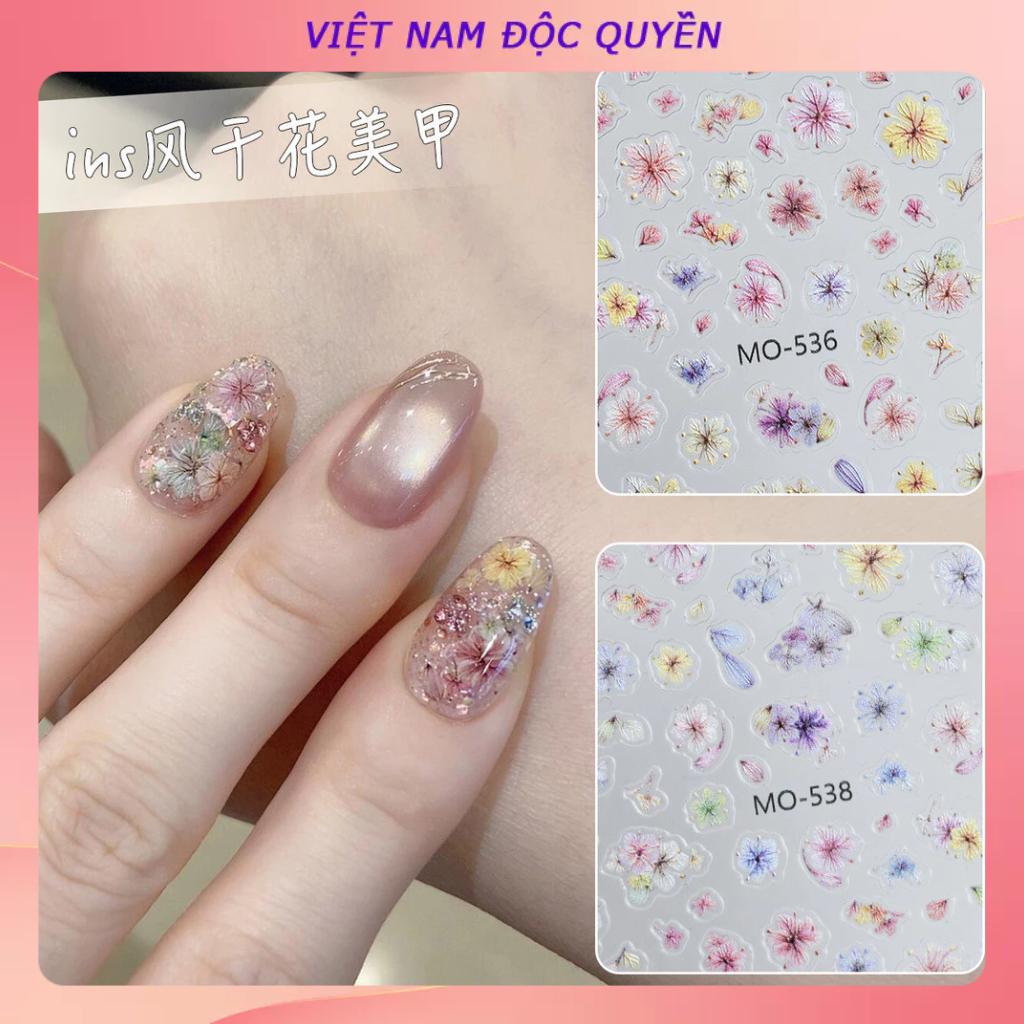 Ins phong cách 5D gradient pha trộn màu sắc hoa khô họa tiết hoa khô dán móng tay nhãn dán nhỏ lấp lánh với keo dán trang trí móng tay Nhãn DIY