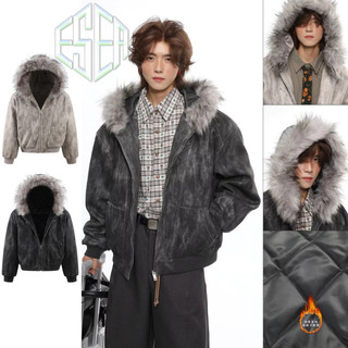 Áo khoác cotton nam ESEA phong cách Nhật Bản có mũ trùm đầu và cổ lông, thiết kế buộc dây phù hợp unisex