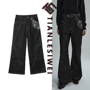 TIANLESIWEI American retro dáng rộng jacquard chắp vá quần jean loe dành cho nam và nữ mùa xuân