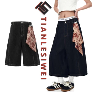 TIANLESIWEI American retro có thể tháo rời khăn vuông màu nguyên bản chân thẳng quần jean bảy điểm mùa hè nam nữ