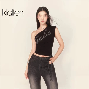 Klalien Áo Hai Dây Mùa Hè Ôm Dáng Lệch Vai In Họa Tiết Chữ Thời Trang Đường Phố Cá Tính Cho Nữ