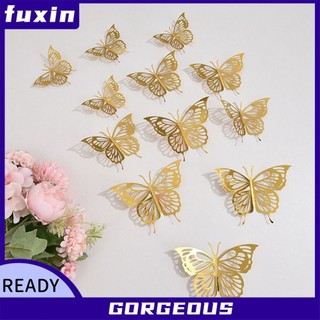 [FUXIN] 12 Miếng Dán Tường Bướm 3D Trang Trí Bánh Cưới Giấy Vàng