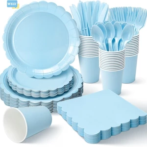 Bộ đồ ăn dự tiệc ren màu xanh nhạt 25 đĩa giấy cốc khăn ăn nĩa dụng cụ❀