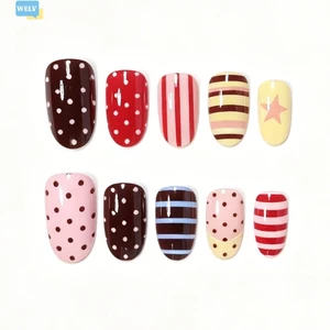 {Mới vào tháng 6} 24 Chiếc Macaron Màu Sọc Chấm Bi Cô Gái Ngọt Ngào Móng Tay Giả Có Thể Tháo Rời Với Thạch