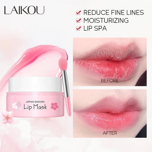 Mặt nạ môi New New LAIKOU Sakura ngủ ban đêm, son dưỡng hoa anh đào, sửa chữa nếp nhăn 8g