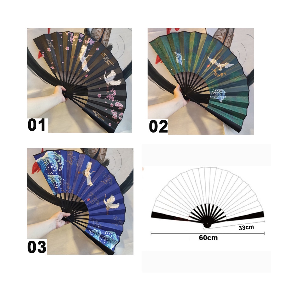 Quạt xếp xoè 26.5x48cm/33cmx60cm phong cách Nhật hạc in 2 mặt
