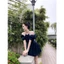 Đầm Voan Dáng Xòe Cổ Yếm Tay Phồng Trễ Vai Bo Eo - Vải Chiffon - Màu Xanh - Dành Cho Nàng Đi Tiệc, Đi Chơi