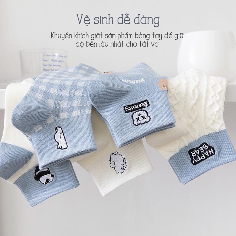 Tất nữ cổ ngắn vải cotton co giãn tốt chống hôi chân họa tiết dễ thương set 5 đôi màu trắng xanh - Ekiu Shop